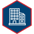 Hexagonal icon: Multi-story building, red edge, blue background - Nations Roof commercial services.