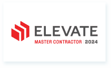 Logo of Elevate Master Contractor 2024, highlighting commercial roofing excellence with three red ascending bars.