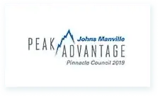 Johns Manville Peak Advantage Pinnacle Council 2019 Logo - Featuring Stylized Peak Graphic and Nations Roof Integration"

This logo represents Johns Manville's prestigious "Peak Advantage Pinnacle Council 2019" accolade, integrating a stylized peak graphic with the mention of "Nations Roof," highlighting excellence in commercial and industrial roofing. Ideal for showcasing expertise in TPO roofing membranes, commercial flat roof installations, and advanced roofing systems.