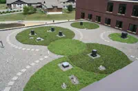 Aerial view of Atlanta courtyard with circular grass areas, stone paths, and surrounding commercial buildings