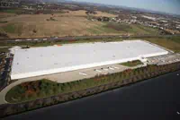 Aerial view of commercial white TPO roof on warehouse, Quakertown, PA