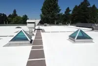 White TPO roof with pyramid skylights, Nashville industrial facility.