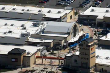 Aerial view of Cincinnati Premium Outlets commercial roofing systems