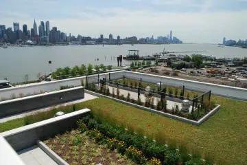 Rooftop garden on commercial building with city skyline views