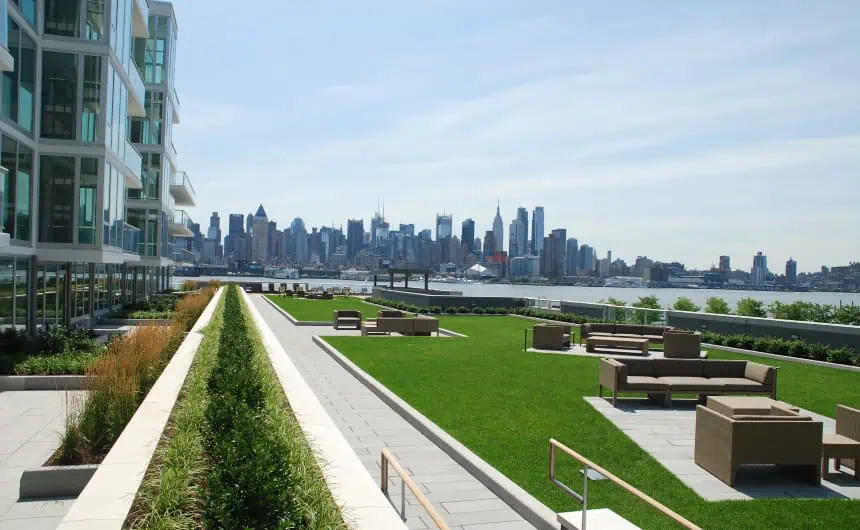 Lush rooftop garden with city skyline view - TPO roofing at Port Imperial