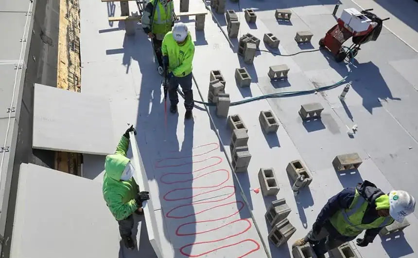 Workers Installing Flat Roof Panels with Safety Gear
