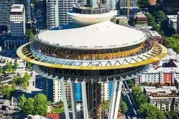 Aerial view of Space Needle, Seattle—Roof Deck Detail in Urban Cityscape