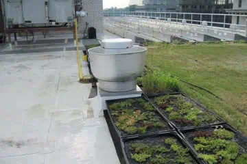 Industrial rooftop with HVAC unit and green plant trays in urban setting