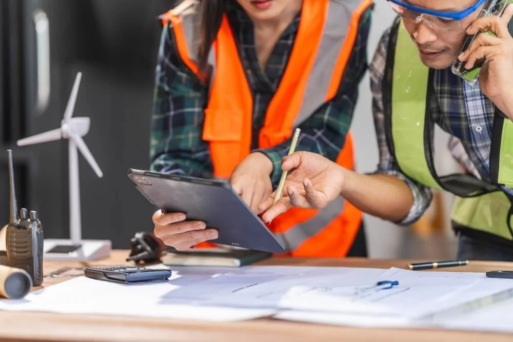 Two people in safety vests review roofing blueprints and discuss EPDM and TPO systems, with a wind turbine model on the table.